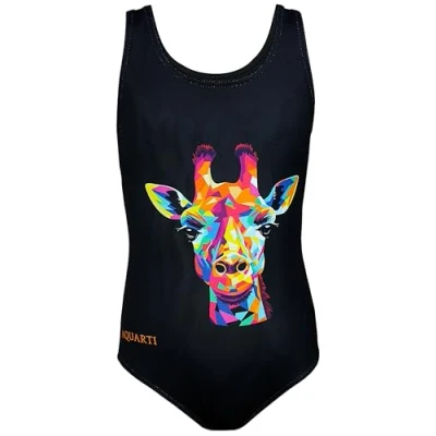 Afbeelding van Aquarti Meisjes Badpak met Racerback en Dolfijn Print, Kleurrijke giraffe/zwart, 116