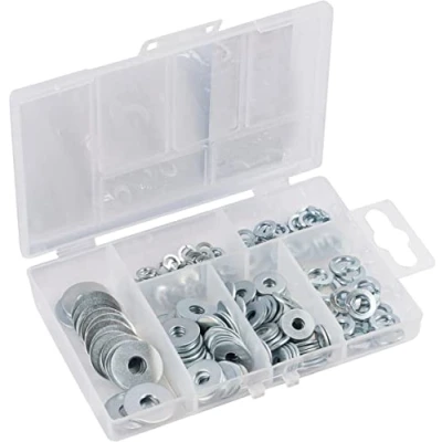 Afbeelding van Connex Carrosserieschijven en veerringen assortiment 210 delig DIN 127B &amp; 9021 verzinkt voorgesorteerd in praktische kunststof doos/onderleg veerringen/assortimentsdoos / DP8500113