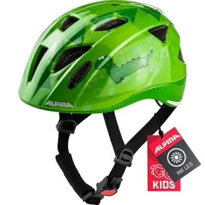 Afbeelding van ALPINA Ximo Flash Verlichte en reflecterende, lichte aanpasbare led fietshelm voor kinderen, groen dino gloss, 45 49 cm