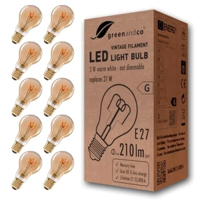 Afbeelding van 10x greenandco® Vintage filament LED lamp amber E27 A60 3W 210lm 2000K extra warm wit 360 230V flikkervrij, niet dimbaar