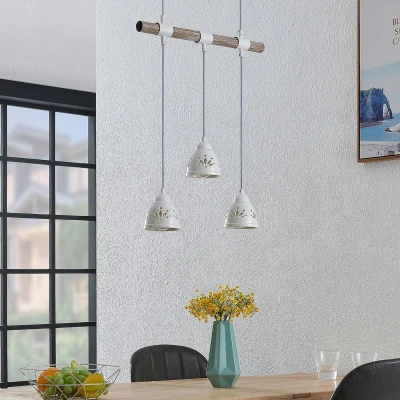 Afbeelding van Lindby hanglamp 3lichts staal, keramiek, hout H: 12 cm E14 licht hout, wit
