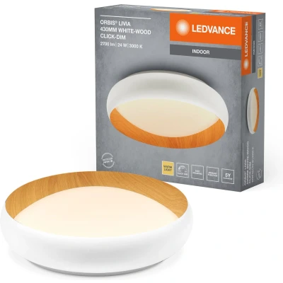 Afbeelding van LEDVANCE ORBIS Livia LED Deckenleuchte mit Metallring, weiß/Holzdekor, 24W, 1200lm, 3000K, 430mm, 830 freundliches Warmweiß, durch Klicken in 3 Stufen dimmbar, IP20, Schrauben/Dübel inklusive