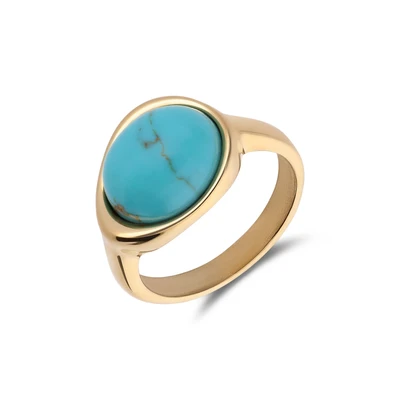 Afbeelding van Lucardi Dames Stalen goldplated Ring met turquoise ovaal Staal Goudkleurig 16 / 50 mm