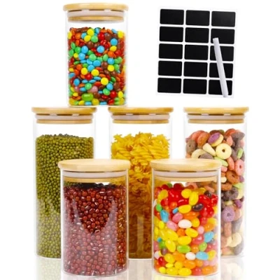 Afbeelding van Lannvan Voorraadpotten met deksel, set van 6, luchtdicht, glazen container voorraaddozen houten keuken, luchtdichte bewaarpotten, 600 ml/950 ml