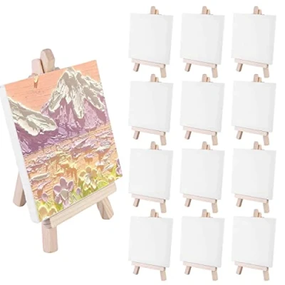 Afbeelding van mini canvas ezel hout, 12 stuks met ezel, ezelset, schildersezel canvas, van hout voor display, tafeldecoratie, schilderen, knutselen