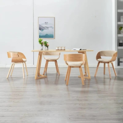 Afbeelding van Eetkamerstoelen 4 st gebogen hout en kunstleer crème