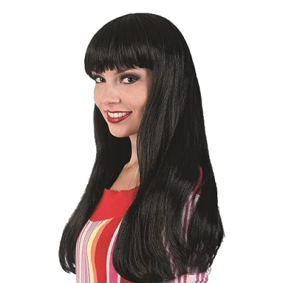 Afbeelding van VIKSAUN Natuurlijke rechte pruiken met haar, pony, zwarte pruik, hoge dichtheid, dames, cosplay, anime kostuum, party, Halloween, carnaval, elegante retro jaren 70, 80 (zwart)