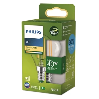 Afbeelding van Philips Ultra Efficient LED kogellamp Transparant 40 W E14 Warmwit licht Energielabel A