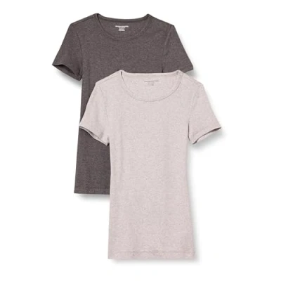 Afbeelding van Amazon Essentials Women&#039;s T shirt met korte mouwen en ronde hals in slanke pasvorm, Pack of 2, Houtskoolzwart/Lichtgrijs, S