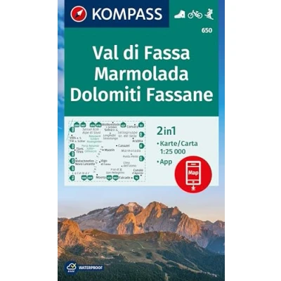 Afbeelding van Carta escursionistica Kom 650. Val di Fassa. Marmolada, Dolomiti Fassane: markierte Wanderwege, Hütten, Radrouten