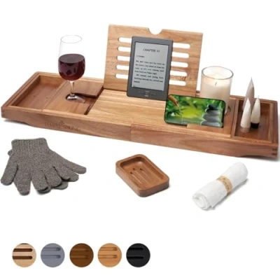 Afbeelding van Temple Spring Badbak Uitschuifbare badlade voor badkuip met kaars, wijnglas, boek, iPad en telefoonhouders verstelbaar badtafelblad over bad w/badkameraccessoires natuurlijk Acacia