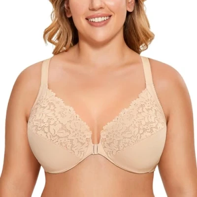 Afbeelding van DELIMIRA Vrouwen Plus Size Volledige Dekking Kanten Beugel Racerback BH met Voorsluiting Beige 80F