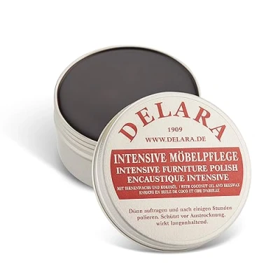 Afbeelding van DELARA Intensieve meubelverzorging, zeer hoogwaardige meubelwas met bijenwas en kokosolie, 75 ml, bruin Made in Germany