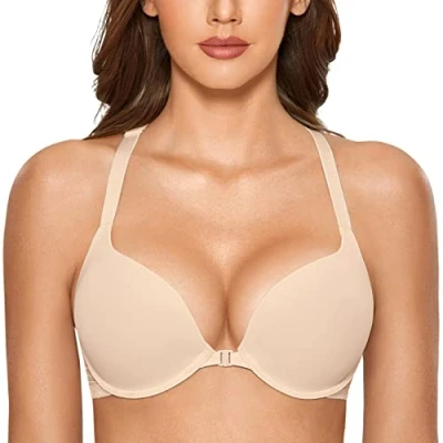 Afbeelding van DOBREVA Dames Voorsluiting Push Up BH met Beugel Zacht T Shirt Diepe Hals Bh&#039;s Halter Gevoerd Beige 80B