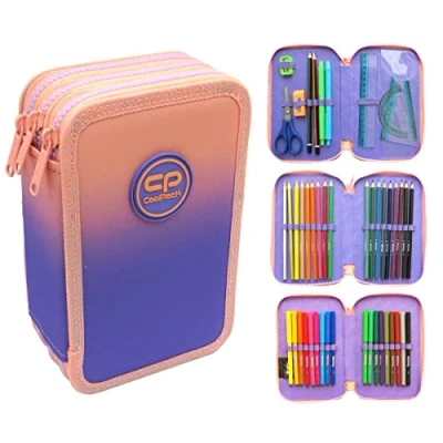 Afbeelding van COOLPACK XXL Pencil Case 3 compartimenten School Case, Triple Potlood voor een jongen, Ombre 44 delig Gevuld Dier, E67506, Kleurrijk,