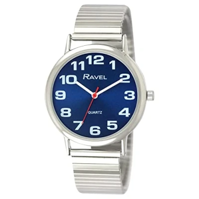 Afbeelding van Ravel Unisex gemakkelijk te lezen horloge met grote cijfers op roestvrijstalen expander armband, Zilverkleur/Blauw, 36mm case, armband