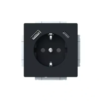 Afbeelding van Busch Jaeger Future Linear Wandcontactdoos kinderbeveiliging + 2x USB Lader MAT zwart 20 EUCB2USBAC 885