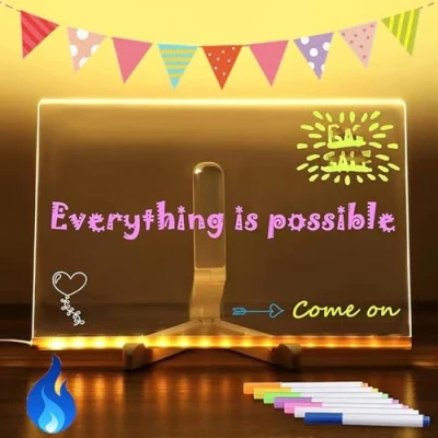 Afbeelding van LED Drawing Board, Note Board with Colors, Acrylic Writing Message 7 Pens, Drawing/Writing Light Up Dry Erase Stand for Office School Home (7.9 * 7.9in)