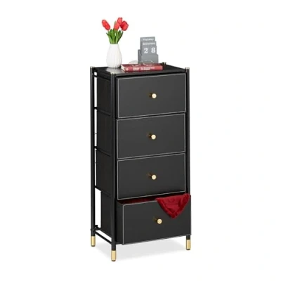 Afbeelding van Relaxdays ladekast, HxBxD 98,5 x 46 30 cm, 4 stoffen lades, dressoir, staal, smal opbergkastje, halkast, zwart/goud
