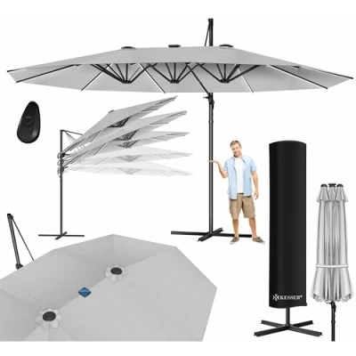 Afbeelding van KESSER® parasol dubbele met LED 4,6m x 2,7m zonnescherm cover zwengelscherm aluminium waterafstotend kantelbaar 360 draaibaar lichtgrijs