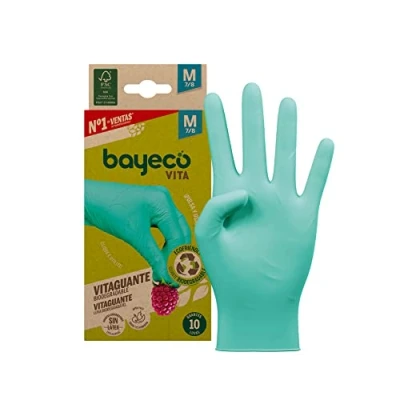 Afbeelding van Bayeco Vitaguante Wegwerpnitrilhandschoenen, biologisch afbreekbaar, maat M, 10 stuks, 100% duurzaam, poedervrij en latexvrij, gestructureerde vingers voor extra grip