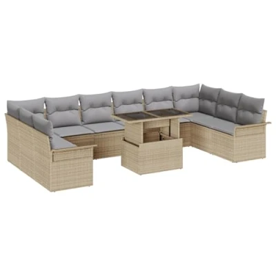 Afbeelding van vidaXL 11 Delige Tuin Sofa Set met Kussens Beige Poly Rattan, 2 Zits Opbergruimte &amp; Rattan