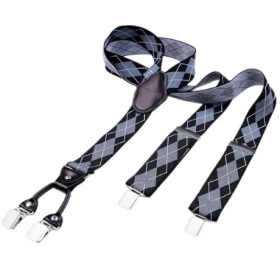 Afbeelding van DonDon herenbretels 3,5 cm breed 4 clips van bruin leer in Y vorm elastisch en verstelbaar blauw wit
