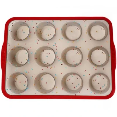 Afbeelding van 12 Cup Silicone Muffin Tray Met Versterkte RVS Frame Binnen, Non Stick en Cupcake Tins Bakvorm, gaten Tin, BPA Gratis Pan Vaatwasmachinebestendig (rood doorschijnend grijs)