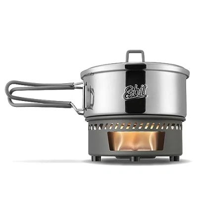 Afbeelding van Esbit Droogbrandstof kookset outdoor campingkooktoestel 1000 ml met roestvrijstalen pan inklapbare handgrepen campingkooktoestelset