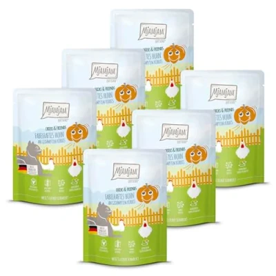 Afbeelding van MjAMjAM Premium natvoer voor katten Quetschie Chicks &amp; Friends fabelachtige kip met gestoomde pompoen, 6 verpakking (6 x 300g), graanvrij