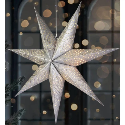 Afbeelding van BRUBAKER 60 cm Papieren Kerstster om op te Hangen LED Adventsster voor Kerstdecoratie en Raam 3D Ster met Timer Functie Hangende Lichtster Verlichtbaar Batterij Zilver