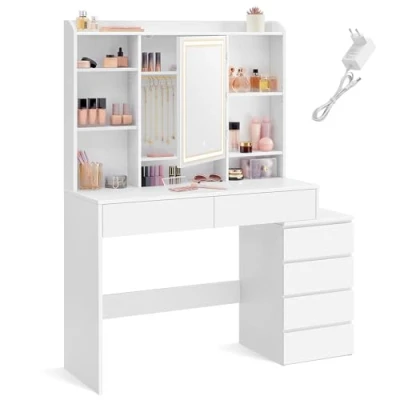 Afbeelding van VASAGLE RDT624W01 Make uptafel met ledverlichting, instelbare helderheid, kaptafel spiegel en laden, open vakken, verstelbare planken, modern, wolkenwit