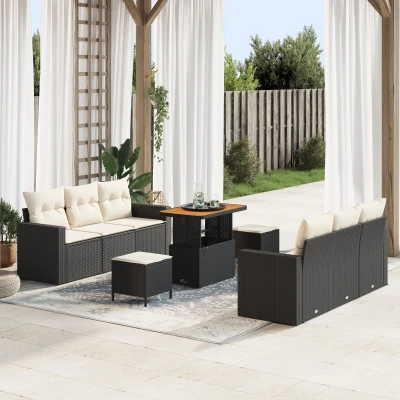 Afbeelding van vidaXL 9 delig Tuin Sofa Set met Kussens Zwart Poly Rattan Acacia