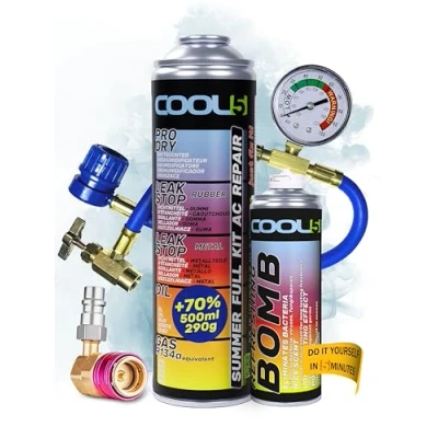 Afbeelding van COOL5 5in1 Airconditioning reparatieset, R134a koudemiddel vervanging voor het vullen van aircosystemen auto&#039;s 1995 2016 + drukslang met manometer verversingsbom LP HP adapter APC 500ml