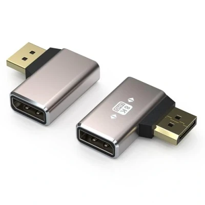 Afbeelding van VMOJO 2 pack DisplayPort koppelingsadapter, legeringsbehuizing, 8K UHD HDR (DP) 1,4, 90 graden linkshoekstekker naar bus, extender verlengstekker converter @60Hz/4K @144Hz