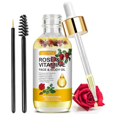 Afbeelding van Rozenolie voor gezicht met rozenblaadjes, organische vitamine E olie tegen huidveroudering, littekens, Gua Sha gezichtsolie, natuurlijke massage lichaamsolie droge huid, hoofdhuid en nagels