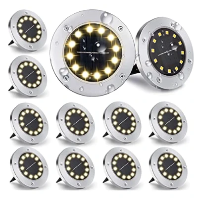 Afbeelding van Nurkoo [12 stuks] Vloerlampen op zonne energie voor buiten, 12 leds, 800 mAh, schijfverlichting met upgrade zonnepaneel, tuinlamp, solarlamp, spot decoratie gazon, looppad, zwembad, terras (warmwit)