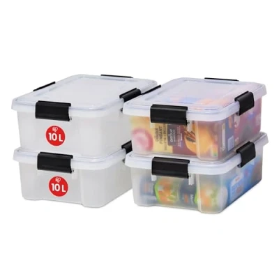 Afbeelding van Iris Ohyama, Luchtdichte Kunststof opbergbox met deksel en sluitclips, 10L, Set van 4, Stapelbaar, BPA Vrij, Slaapkamer, Schuur, Woonkamer, AT S, Helder