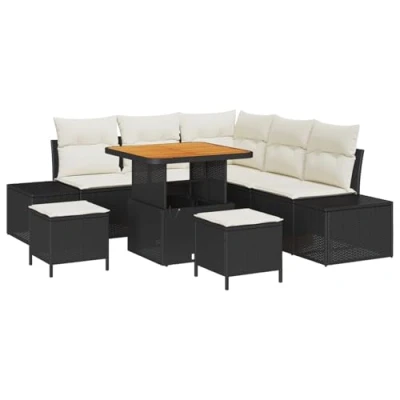 Afbeelding van vidaXL 8 delige Tuin Sofa Set met Kussens Zwart Poly Rattan Acacia, 2 zits Rattan, 3 Eetset Acacia