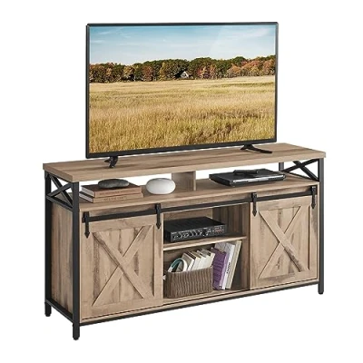 Afbeelding van VASAGLE TV standaard, kast voor tv&#039;s tot 65 inch, met verstelbare planken, schuurdeuren, rustieke stijl, metalen frame, kameelbruin en zwart eenvoudig LTV071B50V1