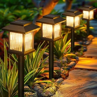 Afbeelding van BUCASA 6 stuks lampen op zonne energie voor buiten en tuin, moderne waterdichte solarlampen met warm wit wolfraam, transparant design, zonnelampen tuindecoratie gazon, terras