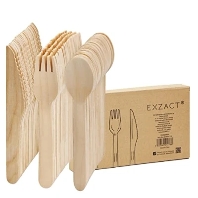 Afbeelding van EXZACT Houten wegwerpbestek, 150 stuks, recyclebaar, feestvorken en lepels, kamperen, reizen barbecue, sterk,