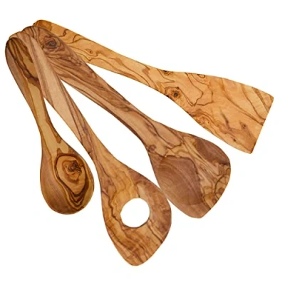 Afbeelding van olijfhout, houten lepel kooklepel, lepel, kooklepel keukengerei hout 3 delige set 30 cm met gratis eetlepel 20 cm, hout, kooklepelset