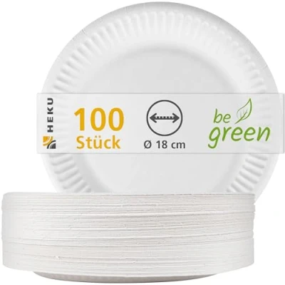 Afbeelding van HEKU Witte papieren borden, 100 stuks, Ø 18 cm, milieuvriendelijk en composteerbaar, grote verpakking voor evenementen, stabiele kwaliteit van 220 g/m², deel de &#039;be green&#039; lijn