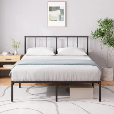 Afbeelding van Zinus Justin bed 200 x 140 cm, 35 cm hoog, metalen bedframe met hoofdeinde, lattenbodem, geen boxspringbed nodig, vrije ruimte onder bed, modern design, zwart