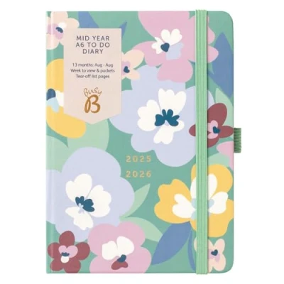 Afbeelding van Busy B A6 Dagboek Mid Year Academic Planner 25 aug 26 Bloemenprint Journal Week to View met takenlijsten, notitiepagina&#039;s, 3 zakken, penlus, jaarplanner en elastische sluiting