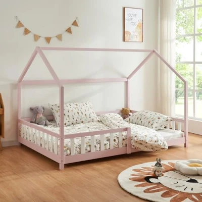 Afbeelding van [en.casa] Kinderbed Hesel huisbed roze 120x200 cm met uitvalbeveiliging en lattenbodem vloerbed jeugdbed houten bed