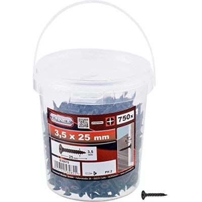 Afbeelding van Connex Gipsplaten schroeven 3,5 x 25 mm 750 stuks met fijne draad trompetkop PH Phillips aandrijving Zwart gefosfateerd/gipsplaten schroeven/schroevenemmer / B30070