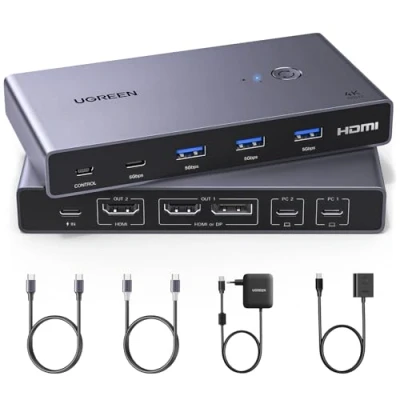 Afbeelding van UGREEN USB C KVM Switch 2 PC monitoren, in 1 uit, met 4 3.0 poorten, 4K@60Hz, laptops delen twee monitoren toetsenbord PD100W voedingseenheid