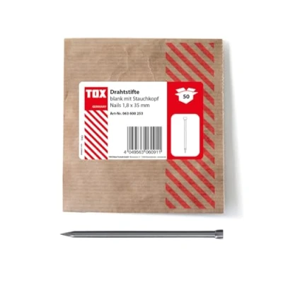 Afbeelding van TOX draadnagels 1,8x35 mm met stootkop voor bijna onzichtbare bevestigingen in hout, blank staal, 50 st. hersluitbare en milieuvriendelijke papieren verpakking, 063600253